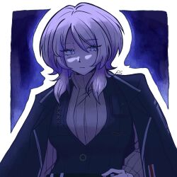  1girl belt black_belt black_jacket black_vest blue_background blue_eyes blush_stickers bob_cut breasts closed_mouth commentary english_commentary erka_(pinkish_starsss) expressionless faust_(project_moon) hair_between_eyes hand_on_own_hip highres jacket jacket_on_shoulders large_breasts limbus_company long_sleeves looking_at_viewer medium_hair open_clothes open_jacket project_moon simple_background single_blush_sticker solo sweater turtleneck turtleneck_sweater upper_body vest white_hair 