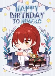  1girl ;) birthday_cake box cake cake_slice character_name chibi closed_mouth collared_shirt commentary_request eating food gift gift_box happy_birthday highres honkai_(series) honkai_impact_3rd long_hair long_sleeves looking_at_viewer murata_himeko murata_himeko_(arctic_kriegsmesser) official_art one_eye_closed pantyhose ponytail red_hair shirt smile solo white_pantyhose white_shirt yellow_eyes 