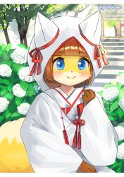  1girl absurdres animal_ears blue_eyes blunt_bangs blush brown_hair closed_mouth commentary_request day flower fox_ears fox_girl fox_tail furry furry_female hand_up highres hood hood_up hooded_kimono japanese_clothes kimono letterboxed long_sleeves original outdoors po!_(popoemo) short_hair smile solo stairs tail upper_body white_kimono wide_sleeves 