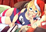 1girl blonde_hair blue_eyes book breasts cleavage cookie eating food glasses hat i-8_(kantai_collection) kantai_collection large_breasts one-piece_swimsuit personification red-framed_glasses ribbon santa_hat school_swimsuit semi-rimless_glasses solo swimsuit thighhighs under-rim_glasses wara_(warapro) white_legwear 