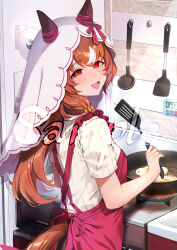  1girl animal_ears apron blush breasts brown_hair chikabe commentary_request cooking ear_covers egg fire fried_egg frying_pan hair_between_eyes hair_ornament highres holding holding_spatula horse_ears horse_girl horse_tail kitchen long_hair multicolored_hair open_mouth pants red_apron red_eyes red_ribbon ribbon sample_watermark second-party_source small_breasts smile solo spatula still_in_love_(umamusume) streaked_hair sweater tail umamusume veil watermark white_streaks white_sweater white_veil 