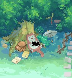  against_tree animal animated animated_gif backpack bag black_cat book brown_bag bush cat commentary cuddling day decomposedmaw derivative_work english_commentary falling_leaves fence grass leaf looping_animation nature no_humans open_book original outdoors paper parody pixel_art pokemon scenery sleeping_animal sleeping_on_animal sleeping_on_pokemon sleeping_together snorlax tree turning_page umbrella white_umbrella wind wooden_fence 