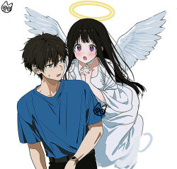  1boy 1girl angel_wings artist_logo belt black_hair black_pants blue_shirt blush chitanda_eru commentary_request dress floating green_eyes halo hyouka logo long_hair mery_(yangmalgage) open_mouth oreki_houtarou own_hands_together pants shirt shirt_tucked_in short_hair short_sleeves simple_background violet_eyes white_background white_dress wings 