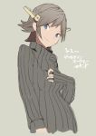  1girl blue_eyes blush breasts brown_hair hairband headgear hiei_(kantai_collection) kantai_collection looking_at_viewer personification ribbed_sweater short_hair siirakannu smile solo sweater turtleneck turtleneck_sweater 