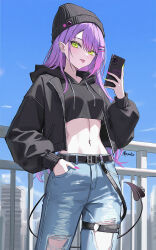  1girl ai-assisted commentary demon_tail denim english_commentary green_eyes hair_ornament hat highres hololive jeans long_hair looking_at_viewer masako_o0 multicolored_hair navel pants phone piercing pink_hair purple_hair solo tail tokoyami_towa tongue tongue_out torn_clothes torn_jeans torn_pants virtual_youtuber 