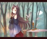  1girl animal_ears bare_shoulders bird bow brooch brown_hair candle cloudy_sky forest half_moon hanauranaishi hands_in_sleeves imaizumi_kagerou inkwell jewelry layered_dress letterboxed light_smile long_hair looking_at_viewer nature neck_ribbon night outdoors paper quill red_eyes ribbon side_glance solo table touhou wolf_ears 