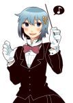  1girl baton_(instrument) blue_eyes blue_hair bowtie crossdressinging gloves hair_ornament hairclip iruhi mahou_shoujo_madoka_magica miki_sayaka musical_note simple_background solo tuxedo white_background 