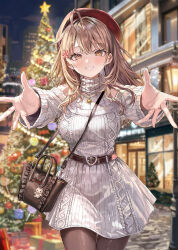  1girl ahoge bag bare_shoulders belt beret blurry blurry_background blush brown_bag brown_belt brown_eyes brown_hair brown_pantyhose christmas_tree clenched_teeth commentary_request dress flower grin hair_flower hair_ornament hat highres long_hair long_sleeves looking_at_viewer mariya_mikhailovna_kujou momoko_(momopoco) official_art pantyhose parted_lips second-party_source shoulder_bag smile solo sweater sweater_dress teeth textless_cover_page tokidoki_bosotto_roshia-go_de_dereru_tonari_no_alya-san turtleneck white_dress 