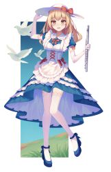  1girl apron bird bird_request blonde_hair blue_dress blue_shoes blush bow bowtie chinese_commentary commentary_request dress elbow_gloves flute full_body gloves hand_on_headwear hat hat_bow highres holding holding_flute holding_instrument instrument kana_anaberal long_hair looking_at_viewer mechrailgun open_mouth puffy_short_sleeves puffy_sleeves red_bow red_bowtie shoes short_sleeves smile solo sun_hat thigh-highs touhou touhou_(pc-98) white_apron white_bird white_gloves white_hat white_thighhighs yellow_eyes 