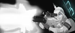  1girl absurdres aiming assault_rifle blue_archive blue_eyes blue_halo collared_shirt commentary firing gloves greyscale grin gun halo headphones highres holding holding_gun holding_weapon kanna_(blue_archive) monochrome rifle schale120 scope sharp_teeth shirt smile solo teeth weapon 