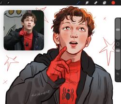  1boy animal_print art_program_in_frame artist_name black_jacket bodysuit brown_eyes brown_hair highres hood hood_down hooded_jacket jacket long_sleeves looking_up marvel open_mouth peter_parker photo_inset pointing pointing_up print_bodysuit red_bodysuit short_hair solo spider-man spider-man:_brand_new_day spider-man_(series) spider_print spider_web_print superhero_costume thefranart upper_body very_short_hair white_background 