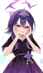  1girl absurdres alternate_costume blue_archive blush commentary_request dress floral_print floral_print_dress hair_between_eyes halo hands_on_own_face haruka_(blue_archive) highres korean_commentary medium_hair open_mouth print_dress purple_dress purple_hair purple_halo senada37 short_sleeves solo tiara violet_eyes 