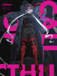  1girl arm_at_side belt black_background black_belt black_coat black_hat black_pants blue_coat boots breasts buttons call_of_cthulhu character_name clenched_hand closed_mouth coat colored_eyelashes commentary_request copyright_name double-breasted eyes_visible_through_hair full_body gloves godarca hair_between_eyes hair_over_shoulder hat high_collar highres huge_breasts jellyfish_cut legs_apart lips long_hair long_hair_between_eyes long_sleeves looking_at_viewer military_hat military_uniform open_collar outstretched_arm padded_coat pants pants_tucked_in parted_lips peaked_cap red_boots red_gloves shimezaki_(shimezaki_trpg) smile solo standing straight-on thigh_belt thigh_boots thigh_strap very_long_hair white_eyelashes white_eyes zoom_layer 