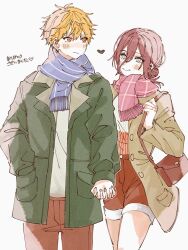  1boy 1girl bag blonde_hair blue_scarf blush brown_bag chainsaw_man closed_mouth coat couple cowboy_shot denji_(chainsaw_man) er1ji6ou2004 green_coat green_eyes grey_coat hair_between_eyes hair_bun hand_in_pocket hetero holding_hands interlocked_fingers light_frown looking_at_another medium_hair pants pink_scarf purple_hair red_eyes red_pants red_shorts reze_(chainsaw_man) scarf shirt short_hair shorts shoulder_bag smile updo white_shirt 