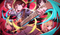 5girls :/ absurdres awa_subaru black_hair black_shirt blue_eyes blue_jacket blunt_bangs bow closed_mouth earrings ebizuka_tomo electric_guitar girls_band_cry green_eyes grey_bow grey_hair grey_hairband grey_shorts guitar hair_between_eyes hair_bow hairband hand_on_own_face hand_up highres holding holding_guitar holding_instrument instrument iseri_nina jacket jewelry kawaragi_momoka long_hair long_sleeves mole mole_under_eye multiple_boys multiple_girls nepperoni one_eye_closed open_clothes open_jacket parted_lips red_eyes rupa_(girls_band_cry) shirt shorts smile twintails white_shirt 