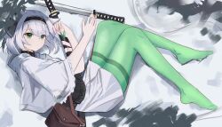  1girl absurdres alternate_costume bag black_hairband brown_bag chinese_commentary commentary_request commission ehextra green_eyes green_pantyhose grey_hair hairband highres hitodama katana konpaku_youmu konpaku_youmu_(ghost) looking_at_viewer lying on_side outdoors pantyhose second-party_source sheath sheathed shirt skirt snow solo sword thighband_pantyhose touhou unsheathed weapon white_shirt white_skirt wide_sleeves 