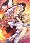  1girl apron blonde_hair blush braid broom broom_riding fire hat kirisame_marisa long_hair open_mouth ribbon skirt solo touhou vest witch_hat yayin_(yayin233) yellow_eyes 