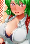  1girl black_bra blush bra breasts bust cleavage dress_shirt green_hair impossible_clothes impossible_shirt kazami_yuuka large_breasts looking_at_viewer open_mouth plaid plaid_vest red_eyes shirt short_hair solo teikou touhou underwear 
