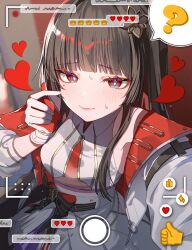  1girl ? black_hair breasts chisa_(wuthering_waves) closed_mouth commentary_request fake_phone_screenshot fake_screenshot finger_heart gloves heart highres jacket light_blush long_hair looking_at_viewer medium_breasts nara_nakiri official_alternate_costume red_eyes red_gloves shirt skirt smile solo spoken_question_mark sweat two-sided_gloves white_gloves white_jacket white_shirt white_skirt wuthering_waves 