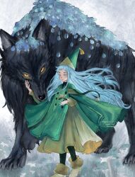  1boy 1girl aijo_hs4 animal_ears animal_hands artist_name blue_eyes blue_hair blue_scales boots buttons cloak collared_cloak commentary conical_hat dress english_commentary euini_(tongari_boushi_no_atelier) full_body hand_on_another's_face hat highres long_dress long_hair painterly pants qifrey's_atelier_apprentice_uniform richeh_(tongari_boushi_no_atelier) scales short_bangs tail tassel tongari_boushi_no_atelier white_dress wizard_hat wolf wolf_ears wolf_euini_(tongari_boushi_no_atelier) wolf_paws wolf_tail yellow_eyes 