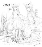  1boy abubu arrow child feathers griffin happy monochrome monster_girl musical_note short_hair size_difference smile tail talons the_last_guardian trico_(character) 