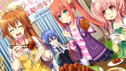  1/7_no_mahoutsukai 4girls ahoge aqua_eyes blue_hair blue_hairband blue_necktie blue_sweater_vest book bow bracelet cardigan chopsticks clenched_teeth closed_eyes collarbone collared_shirt cropped_cardigan cup curtains dress drinking food game_asset green_dress hair_between_eyes hair_bow hair_intakes hair_ornament hair_ribbon hairband hand_up hands_on_own_chest hands_up holding holding_chopsticks holding_cup holding_food hugging_own_legs ichijo_himari indoors jacket jewelry kirishima_misuzu long_hair looking_at_another looking_at_object looking_at_viewer meat medium_hair multiple_girls multiple_hair_bows necktie ninomiya_manaka non-web_source open_book open_cardigan open_clothes open_mouth orange_hair pasta pink_eyes pink_hair pink_shirt plate purple_jacket purple_sailor_collar red_hair ribbon ring sailor_collar salad self-datamine shinonome_yuno shirt side_ponytail sitting sleeveless sleeveless_jacket spaghetti standing striped_clothes striped_shirt sweatdrop sweater_vest table teeth tel-o three-quarter_sleeves twintails upper_teeth_only v-neck white_shirt yellow_bow yellow_cardigan yellow_dress 