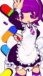  1girl absurdres apron black_dress commentary_request crying crying_with_eyes_open dress drooling futaba_channel highres holding holding_pill maid maid_headdress mouth_drool necktie nijiura_maids pill purple_hair saliva sleeve_cuffs solo star-shaped_pupils star_(symbol) striped_clothes striped_necktie striped_thighhighs symbol-shaped_pupils tears thigh-highs too_many_pills v violet_eyes white_background yahazu_tama yakui_(nijiura_maids) 