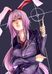  1girl animal_ears blazer blouse crescent long_hair minamike1991 necktie pointing pointing_up purple_hair rabbit_ears red_eyes reisen_udongein_inaba solo touhou very_long_hair 
