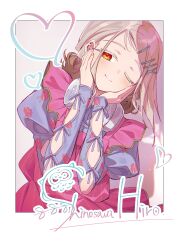  1girl absurdres blonde_hair blue_shirt border closed_mouth dress eyelashes floral_print frills gakuen_idolmaster hair_bun hair_ornament hairclip hands_on_own_cheeks hands_on_own_face headphones headphones_around_neck highres idolmaster layered_dress long_sleeves miracle_na_now!_(idolmaster) official_alternate_costume one_eye_closed orange_eyes pink_dress polaroid_photo raised_inner_eyebrows shinosawa_hiro shirt solo tamago_sando upper_body white_border 