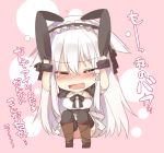  1girl animal_ears blush breasts chibi long_hair maid maid_headdress mishima_kurone open_mouth rabbit_ears solo tears thigh-highs translation_request 