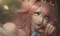  1girl absurdres bare_shoulders blue_eyes blue_gem closed_mouth commentary eyelashes fingernails gem goggles goggles_on_head hair_between_eyes highres hololive hololive_english jewelry lips long_hair looking_at_viewer nail_polish nose official_alternate_eye_color pink_hair pink_nails raora_panthera raora_panthera_(1st_costume) shirt solo virtual_youtuber vyva white_shirt 