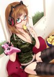  1girl blue_eyes breasts brown_hair cleavage controller dualshock eating game_controller gamepad glasses hair_ornament hairclip hasumi_shizuko headphones highres long_hair original panties pillow potato_chips solo thighhighs underwear 