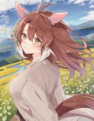  1girl ahoge alternate_hairstyle animal_ears blue_sky blush casual clouds daisy_(flower) dantsu_flame_(umamusume) ear_covers ear_ornament field flower flower_field grey_jacket hair_down horse_ears horse_girl horse_tail jacket long_sleeves looking_at_viewer looking_back mountain ofhjxqqoz693245 red_hair river short_hair sky solo tail umamusume upper_body white_flower yellow_eyes yellow_flower 