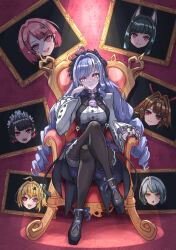  1girl absurdres ahoge anby_demara black_pantyhose breasts chair cissia_(zenless_zone_zero) commentary_request crossed_legs dress ellen_joe highres hoshimi_miyabi large_breasts long_hair looking_at_viewer mole mole_under_eye on_chair onihiraaji82 pantyhose portrait_(object) purple_hair remielle_dan solo very_long_hair violet_eyes vivian_banshee white_dress ye_shunguang zenless_zone_zero 