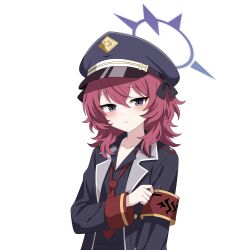  1girl absurdres alternate_hairstyle black_hat black_jacket black_shirt blue_archive blue_eyes blue_halo blush choon_sik2 closed_mouth collared_shirt commentary_request halo hat highres iroha_(blue_archive) jacket korean_commentary looking_at_viewer necktie peaked_cap red_hair red_necktie shirt short_hair solo upper_body wolf_cut 