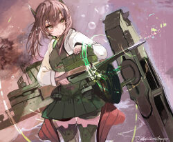  1girl bike_shorts bike_shorts_under_skirt brown_eyes brown_hair commentary_request crossbow hair_between_eyes hakama hakama_short_skirt hakama_skirt headband headgear highres holding holding_crossbow holding_weapon japanese_clothes kantai_collection long_sleeves nagasawa_tougo repeating_crossbow rigging short_hair skirt solo taihou_(kancolle) taihou_kai_(kancolle) thigh-highs weapon 