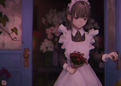  1girl acorn_dongur1 apron artist_logo black_dress black_eyes blurry blurry_background bouquet brown_hair chromatic_aberration collared_dress commentary_request door downturned_eyes dress expressionless flower flower_request flower_shop frilled_apron frills highres holding holding_bouquet logo long_hair maid maid_apron maid_headdress opening_door original ponytail red_flower shop solo upper_body white_apron 