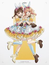  2girls 6th_live_dream_~bloom_garden_party~ :d animal_ears aqua_eyes artist_name boots braid brown_boots brown_corset brown_eyes buttons commentary commission corset detached_sleeves dress english_commentary flower flower_button flower_hands_duo flower_stand_art frilled_dress frills fushigi_to_kimi_to_library hair_flower hair_ornament high_heel_boots high_heels highres hinoshita_kaho leg_up long_hair looking_at_viewer love_live! love_live!_hasu_no_sora_jogakuin_school_idol_club low_twin_braids multiple_girls nin_(niyuu_mo9) nirei_nozomi open_mouth orange_hair pink_flower rabbit_ears real_life sleeveless sleeveless_dress smile twin_braids twitter_username virtual_youtuber voice_actor voice_actor_connection white_boots yellow_background yellow_dress 