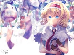  1girl alice_margatroid blonde_hair blue_dress blue_eyes blurry blush capelet closed_mouth commentary_request depth_of_field dress frilled_hairband frilled_wrist_cuffs frills hairband highres kemo_chiharu medium_hair red_hairband red_sash red_wrist_cuffs sash signature smile solo touhou upper_body waist_sash white_capelet wind_chime wrist_cuffs 