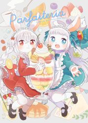  2girls :3 :d animal_ears apron bloomers blue_eyes blueberry blush bow braid cherry closed_mouth commentary_request cream crossed_bangs cup dress drinking_glass food frilled_apron frilled_dress frills fruit full_body furry furry_female green_bow green_dress hair_between_eyes hair_bow highres holding holding_cup long_sleeves looking_at_viewer maid maid_headdress multiple_girls open_mouth orange_(fruit) orange_slice original parfait parfait_glass po!_(popoemo) rabbit_ears rabbit_girl red_bow red_dress red_eyes saucer smile socks spoon strawberry teacup wafer_stick white_apron white_bloomers white_fur white_socks 