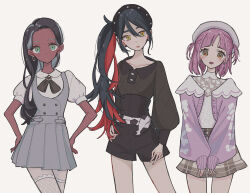  3girls amarys_(pokemon) beret black_hair black_shirt brown_eyes brown_skirt carmine_(pokemon) collarbone colored_inner_hair commentary_request dark-skinned_female dark_skin earrings enekonoshippo27 green_eyes hat highres jacket jewelry lacey_(pokemon) long_hair looking_at_viewer multicolored_hair multiple_girls open_mouth pantyhose pink_hair pink_jacket plaid_clothes plaid_skirt pokemon pokemon_scarlet_and_violet red_hair shirt side_ponytail simple_background skirt two_side_up white_background white_hat white_pantyhose yellow_eyes 