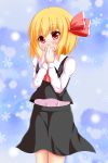 1girl ascot blonde_hair blue_background blush covering_mouth hair_ribbon hands_together head_tilt highres long_sleeves looking_away red_eyes ribbon rinaurion rumia short_hair skirt skirt_set snowflakes solo touhou 