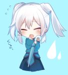  1girl blue_background blush chibi closed_eyes mishima_kurone open_mouth simple_background solo umbrella white_hair 