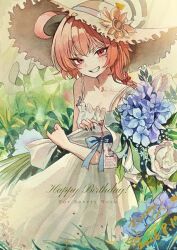  1girl ahoge alternate_costume blue_archive blue_bow blue_flower bouquet bow braid brown_halo casual collarbone colorful_background commentary cursive dated dress english_text flower gangbyeon grin halo happy_birthday hat hat_flower highres holding holding_bouquet holding_flower huge_ahoge looking_at_viewer medium_hair mole mole_under_eye neru_(blue_archive) orange_eyes plant smile solo spaghetti_strap sun_hat sundress untranslatable_commentary white_dress 