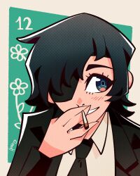  1girl absurdres akaiguarts artist_name black_dress black_jacket black_necktie black_suit blue_eyes blush border chainsaw_man cigarette collared_shirt commentary dress english_commentary eyepatch green_hair highres himeno_(chainsaw_man) holding holding_cigarette jacket long_sleeves looking_to_the_side necktie one_eye_covered portrait shirt short_hair smile solo solo_focus suit teeth upper_body white_border white_shirt 