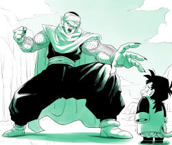  alien amayuki318 armor belt black_hair black_nails cape child chinese_clothes clenched_hand clouds cloudy_sky colored_skin crying dougi dragon_ball dragon_ball_z gradient_background green_background green_skin highres long_sleeves looking_down looking_up martial_arts_belt monkey_tail muscular muscular_male namekian open_mouth partially_colored piccolo pointy_ears ponytail shoulder_armor sky sleeveless son_gohan tail trembling white_cape 