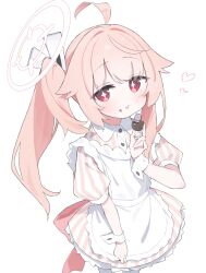  apron blue_archive bow chocolate commentary_request eating halo highres maid_apron natsu_(blue_archive) pantyhose pink_bow pink_hair pink_halo pink_shirt red_eyes shirt side_ponytail skirt star_(symbol) star_in_eye striped_clothes striped_shirt striped_skirt suta0822 symbol_in_eye white_pantyhose wrist_cuffs 