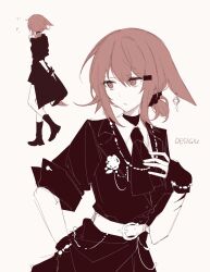  1girl animal_ear_piercing arknights belt black_boots black_gloves black_jacket black_necktie black_skirt boots boutonniere chargepro commentary_request crownslayer_(arknights) fingerless_gloves floppy_ears gloves hair_ornament hairclip hand_in_pocket highres hyena_ears hyena_girl hyena_tail jacket jewelry multiple_views necklace necktie red_eyes red_hair short_hair short_twintails simple_background skirt twintails white_background white_belt 