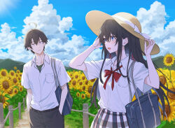  1boy 1girl absurdres ahoge bag black_eyes black_hair black_pants blue_eyes closed_mouth clouds collarbone collared_shirt commentary_request cowboy_shot cumulonimbus_cloud day field flower flower_field hair_ribbon hands_in_pockets hands_on_headwear hands_up hat highres hikigaya_hachiman light_(lightpicture33) long_hair looking_at_another neck_ribbon open_mouth outdoors pants plaid_clothes plaid_skirt red_ribbon ribbon school_bag school_uniform shirt short_hair skirt sky sobu_high_school_uniform summer_uniform sun_hat sunflower sunflower_field white_shirt yahari_ore_no_seishun_lovecome_wa_machigatteiru. yukinoshita_yukino 