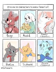  1other 2boys :3 amaterasu_(ookami) android animal_ears animal_nose asriel_dreemurr berlioz_(disney) bilingual_text black_eyes blank_eyes blue_bow blue_bowtie blue_eyes blue_sclera blush body_fur bouquet bow bowtie brown_eyes brown_fur cat character_name closed_mouth colored_sclera commentary_request dewott english_commentary english_text eyepatch fighting_stance five_nights_at_freddy's flower fox fox_boy fox_ears foxy_(fnaf) green_sweater hand_up hands_up happy highres holding holding_bouquet hook_hand joints long_sleeves looking_at_another looking_at_viewer looking_to_the_side meme_(penpengusa_no_meme) mixed-language_commentary mixed-language_text multiple_boys multiple_drawing_challenge neck_ribbon one_eye_covered ookami_(game) open_mouth outside_border pokemon pokemon_(creature) profile red_ribbon ribbon robot_joints seashell serious sharp_teeth shell sideways_glance six_fanarts_challenge smile snout standing sweater teeth the_aristocats tongue tongue_out toulouse_(disney) traditional_bowtie two-tone_fur undertale upper_body utdr_(toby_fox) v-shaped_eyebrows white_fur yellow_flower 